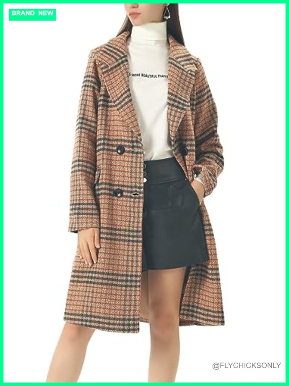 Women's Classic Notched Collar Double Breasted Plaid Wool Blend Long Trench Coat
